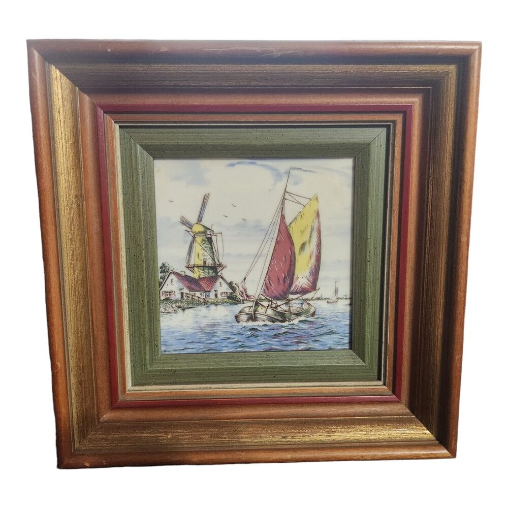 Porcelain Hand Enameled Tile Framed Holland Windmill Sailboats Style 261 VTG‎